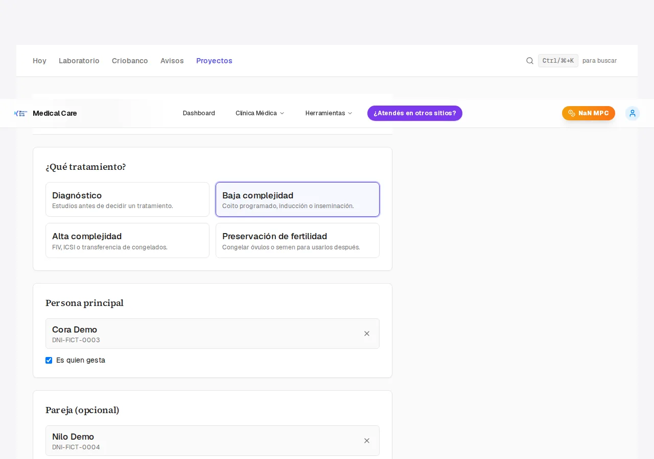 Formulário de novo projeto com as pessoas e seus papéis